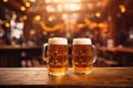 Two mugs of fresh cold beer on wooden table on autumn background Royalty Free Stock Photo