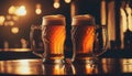 Two mugs full of fresh beer on bar table in dark interior, generative ai