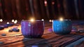 Two mugs with handmade candles in purple and blue color in mystical style and spiritual scene.