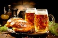 Two mugs of light beer and snacks on wooden background. Selective focus Royalty Free Stock Photo