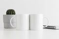Two mugs mockup with a notebook and a cactus in a pot on white table