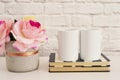 Two Mugs. White Mugs Mockup. Blank White Coffee Mug Mock Up. Styled Photography. Coffee Cup Product Display. Two Coffee Mugs On St Royalty Free Stock Photo