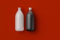Two multi-colored bottles or containers on a red background, 3D rendering Royalty Free Stock Photo