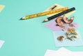 Two multi-colored pencils with shavings and sharpener on green background. Working with a pencil Royalty Free Stock Photo