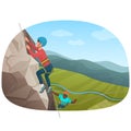 Two multi ethnic climbers climbing on the rock vector illustration.