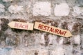 Two multidirectional signs with inscriptions hang on a stone wall