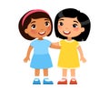 Two multiracial little girls hugging, cartoon characters. Smiling kids,  Friendship concept. Royalty Free Stock Photo