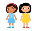 Two multiracial little girls look viciously at each other, cartoon characters. Royalty Free Stock Photo