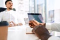 Two multiracial office workers at the morning briefing. Royalty Free Stock Photo