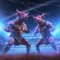 two muscular cow wrestlers in wrestling ring generative AI