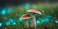 Two mushrooms in a field of grass with blue and green lights. Royalty Free Stock Photo