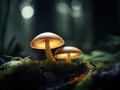 two mushrooms growing in the moss