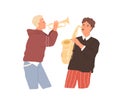 Two musicians playing saxophone and trumpet. Music players performing jazz with brass woodwind instruments. Flat vector