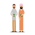 Two muslim arabic people standing together in different suit and