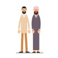 Two muslim arabic people standing together in different suit and