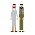 Two muslim arabic people standing together in different suit and