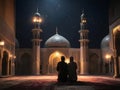 Two Muslim men praying in front of the mosque at night, Ramadan Kareem