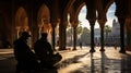 Two Muslim soldiers men praying in the courtyard of the Jama Masjid Mosque in Delhi, India Royalty Free Stock Photo