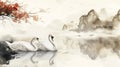 Two mute swans,rococo painting Royalty Free Stock Photo