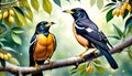 Two Mynas bird sits on a branch with forest background Royalty Free Stock Photo