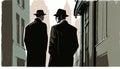 Two mysterious men in black walking and spying in the city. Generative AI