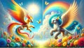 Mythical Colorful Winged Creatures in Vibrant Floral Landscape with Rainbow Royalty Free Stock Photo