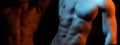 Two naked athlete with strong body. Shirtless hunks at black background. Close up of an athletic guy with perfect abs Royalty Free Stock Photo