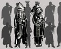 Two Native American characters on a background of silhouettes