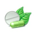 Two natural medical pills with green leaves. Pharmaceutical vector symbol with leaf for pharmastore