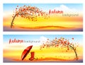 Two Nature Autumn banners with trees, umbrella, rain boots Royalty Free Stock Photo