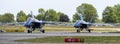 Two Navy Blue Angels jets on the runway arriving at Repulic airport Royalty Free Stock Photo