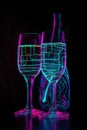 Two neon clink wine glasses with champagne and bubbles. Abstract geometric background.