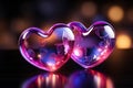 Two neon hearts pulsate with vibrant light, symbolizing an electric bond