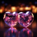 Two neon hearts pulsate with vibrant light, symbolizing an electric bond