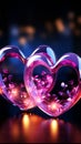 Two neon hearts pulsate with vibrant light, symbolizing an electric bond