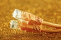 Two network cables over orange sparkles background Royalty Free Stock Photo