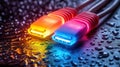 Two network cables with vibrant colored illuminated connectors, resting on a surface covered in water droplets Royalty Free Stock Photo