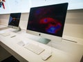 two new APPLE iMacs with Retina 4K display in the mall`s computer and smartphone store starting January 12. 2021 in Russia, Kazan Royalty Free Stock Photo