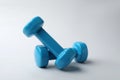 Two new blue vinyl dumbbells on light background