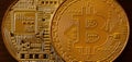 Two new golden physical bitcoins lies on dark wooden backgound, close up. High resolution photo. Cryptocurrency mining concep