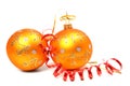 Two New Year's spheres of orange color and red tinsel