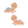 Two newborn babies crawling on all fours in diapers. Royalty Free Stock Photo