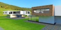 Two newly built suburban houses on a green field near a forest. 3d render.