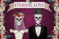 Two newlywed skeletons in low poly style. Woman with wreath, veil and dress. Man in back suit and top hat. Royalty Free Stock Photo