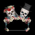 Two newlywed skulls in low poly style. Woman with wreath and veil. Man with black top hat.