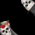 Two newlywed skulls in low poly style. Woman with wreath and veil. Man with black top hat. Royalty Free Stock Photo