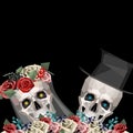 Two newlywed skulls in low poly style. Woman with wreath and veil. Man with black top hat.