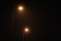 Two night lamppost shines with faint mysterious yellow light through evening fog at quiet night