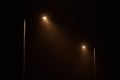 Two night lamppost shines with faint mysterious yellow light through evening fog at quiet night