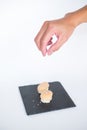 Two Nigiri Sushi with scallop served on black tray. Royalty Free Stock Photo